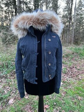 Hollister Y2K navy fur lined hooded cotton jacket XS